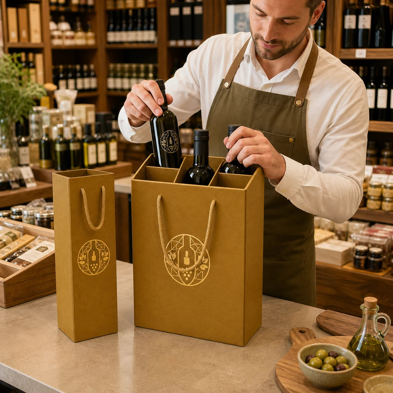 Bolsa de compras de botellas personalizadas reforzadas con divisores para vino y venta al por menor gourmet