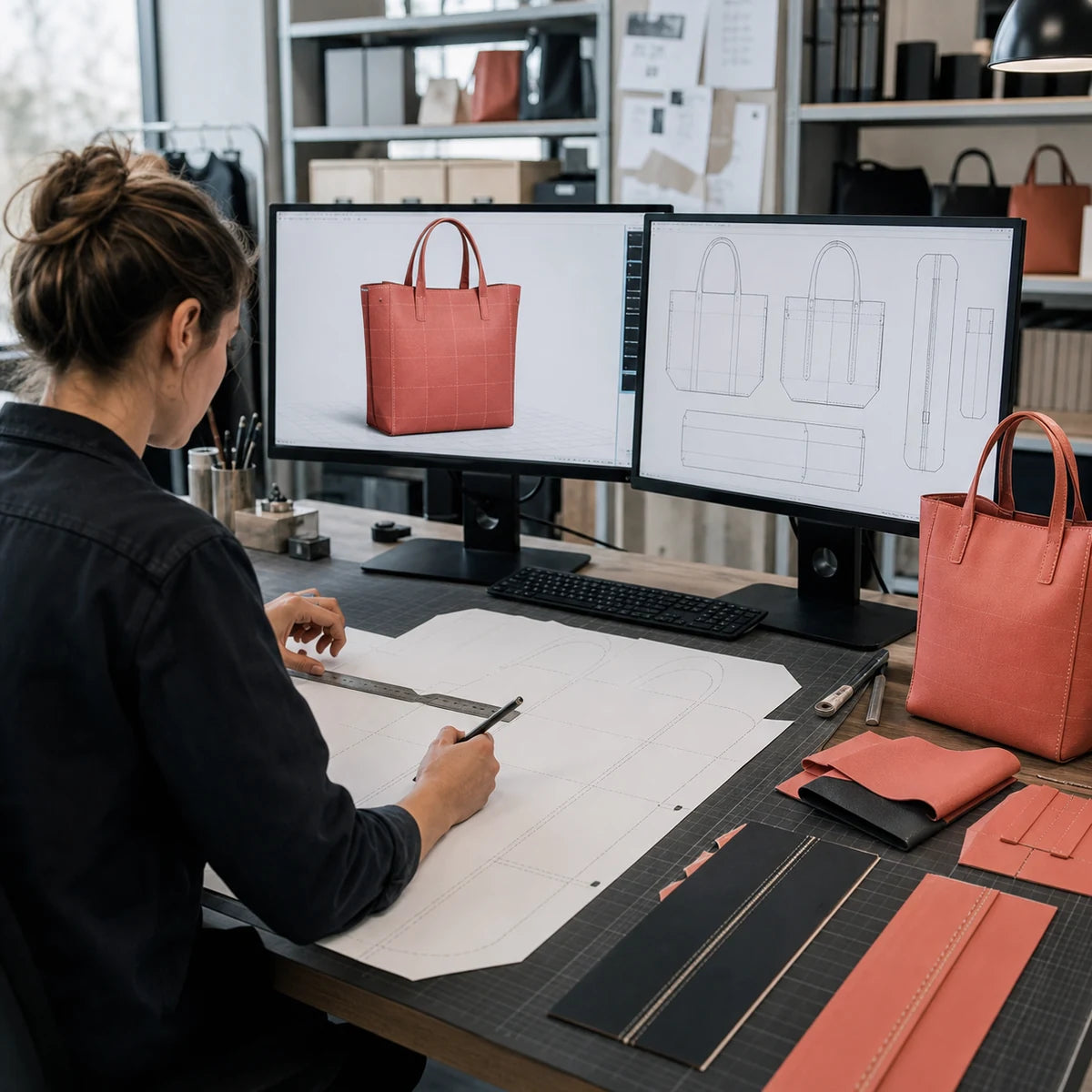 Ingeniero que combina un paquete técnico de bolsas de compras digitales con un patrón físico y prototipo