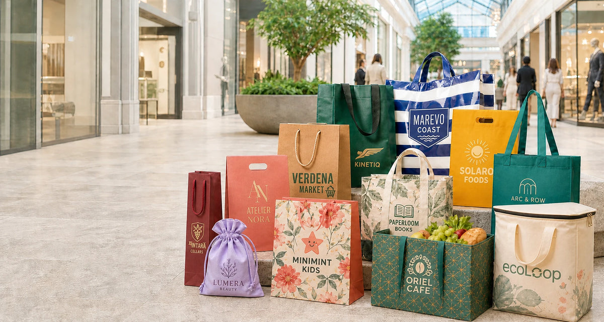 Bolsas de compras personalizadas con variados logotipos ficticios de venta al por menor en inglés, diversos materiales, colores, estampados y técnicas de marca