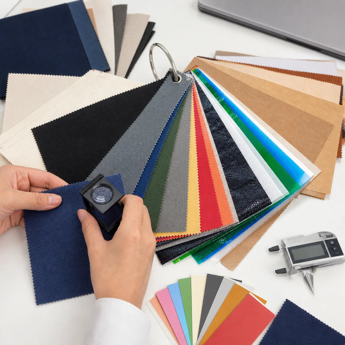 Biblioteca de muestras de material para bolsas de compras con RPET, algodón, lona, no tejido, PP laminado y papel
