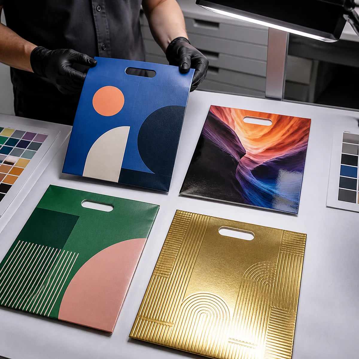 Muestras personalizadas de impresión de bolsas de compras que muestran acabados de pantalla, transferencia, a todo color y estilo de papel de aluminio
