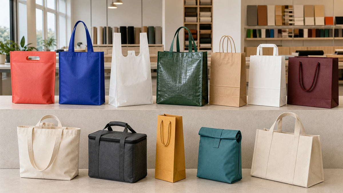 Colección lista para marcar de doce siluetas de bolsas de compras personalizadas en diversos materiales, asas y construcciones