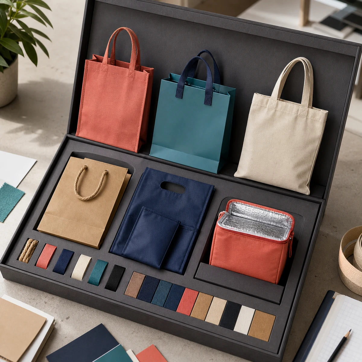 Kit de muestra de bolsas de compras personalizado con siluetas variadas y construcciones de asas