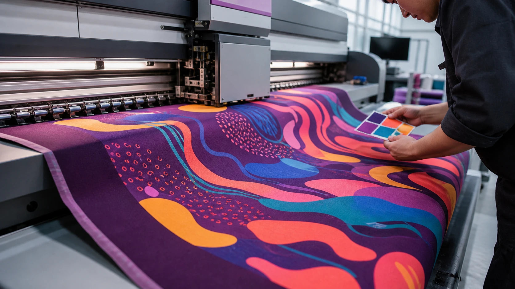 Vibrant abstract pattern printing onto plum recycled textile in a digital print room