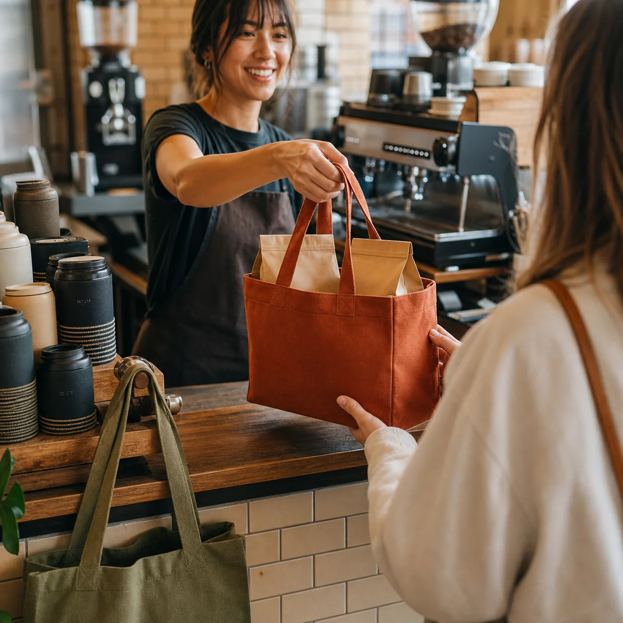 Barista handing a terracotta custom canvas tote to a coffee shop customer