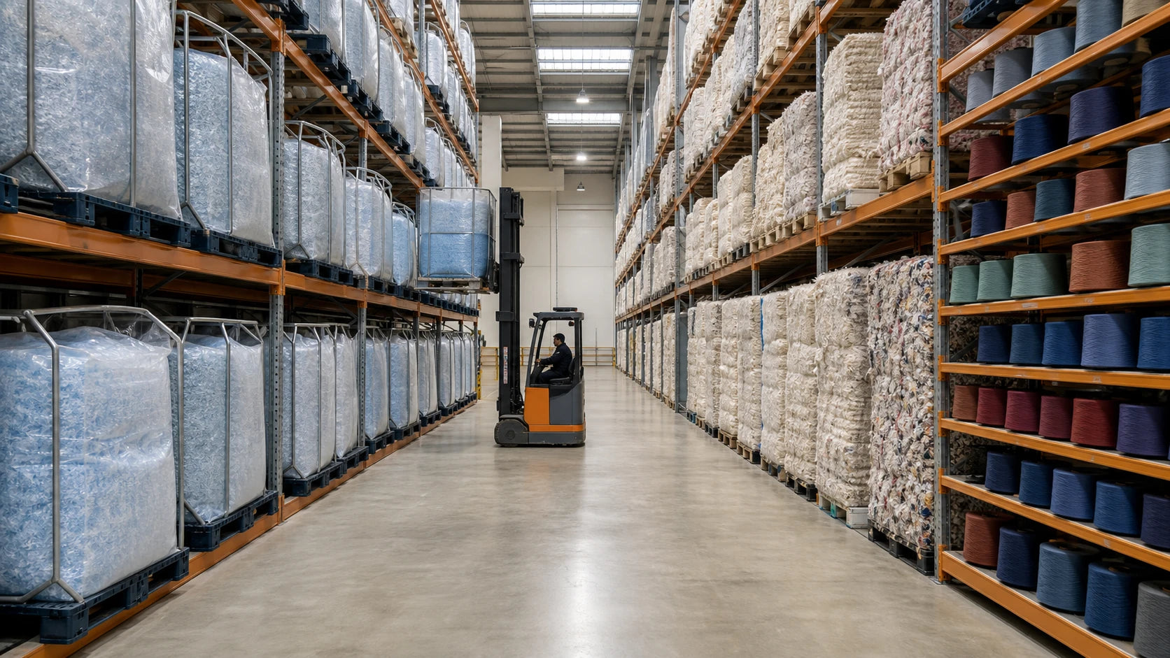 Warehouse aisle stocked with RPET inputs recycled cotton bales and colored yarn reserves