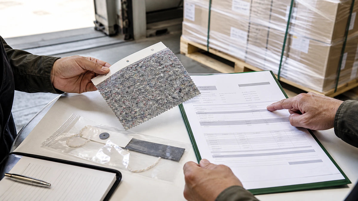Procurement team matching a recycled fabric swatch to batch documents and a sealed shipment
