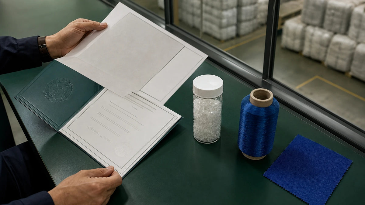 Transaction certificate sample matched to PET flakes blue yarn and finished RPET fabric