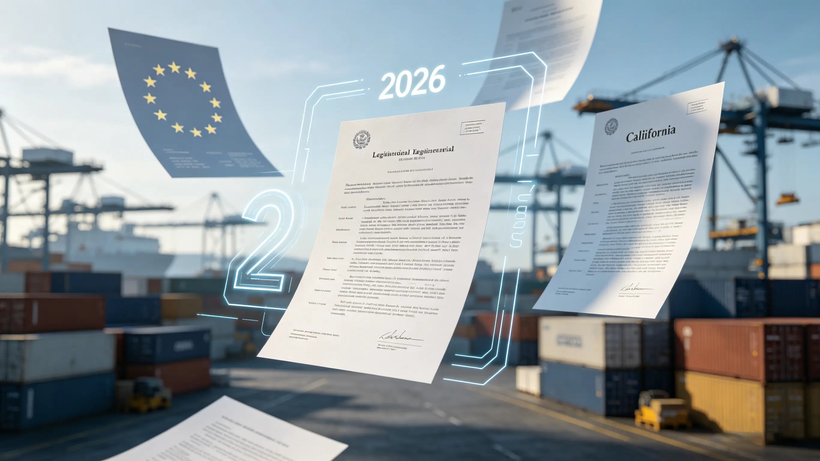 Futuristic global business scene showing 2026 packaging regulation countdown, EU and California policy silhouettes, modern international supply chain background, hyper-realistic minimalist design
