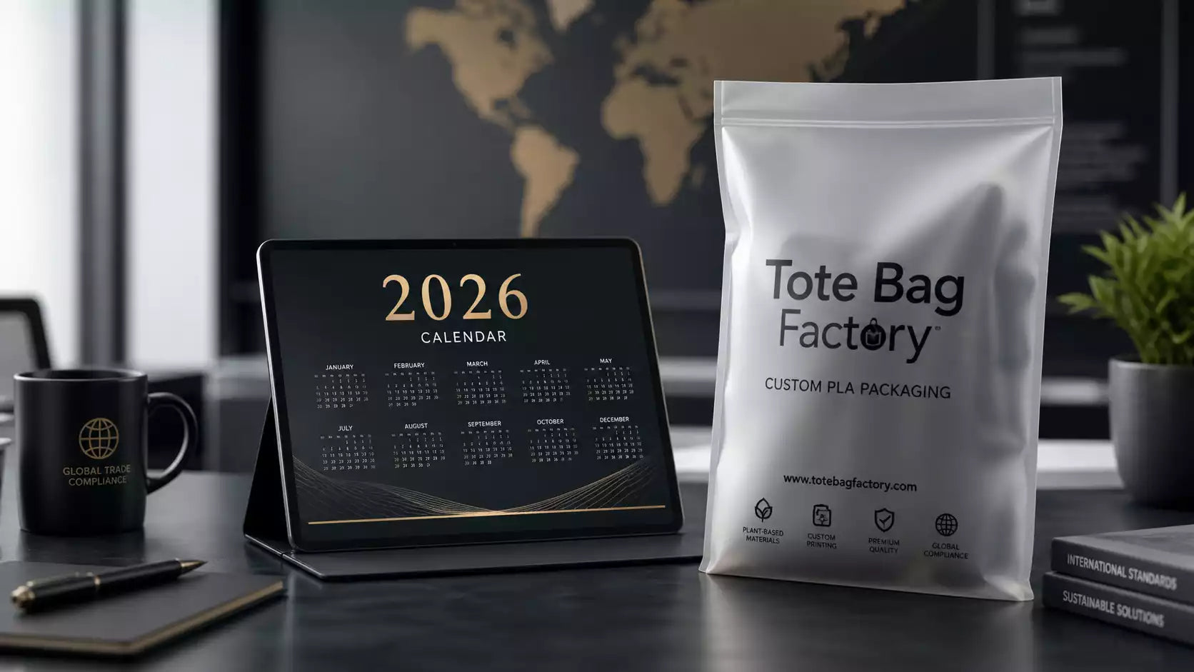 A digital calendar highlighting 2026 next to a compliant Custom PLA Bag.