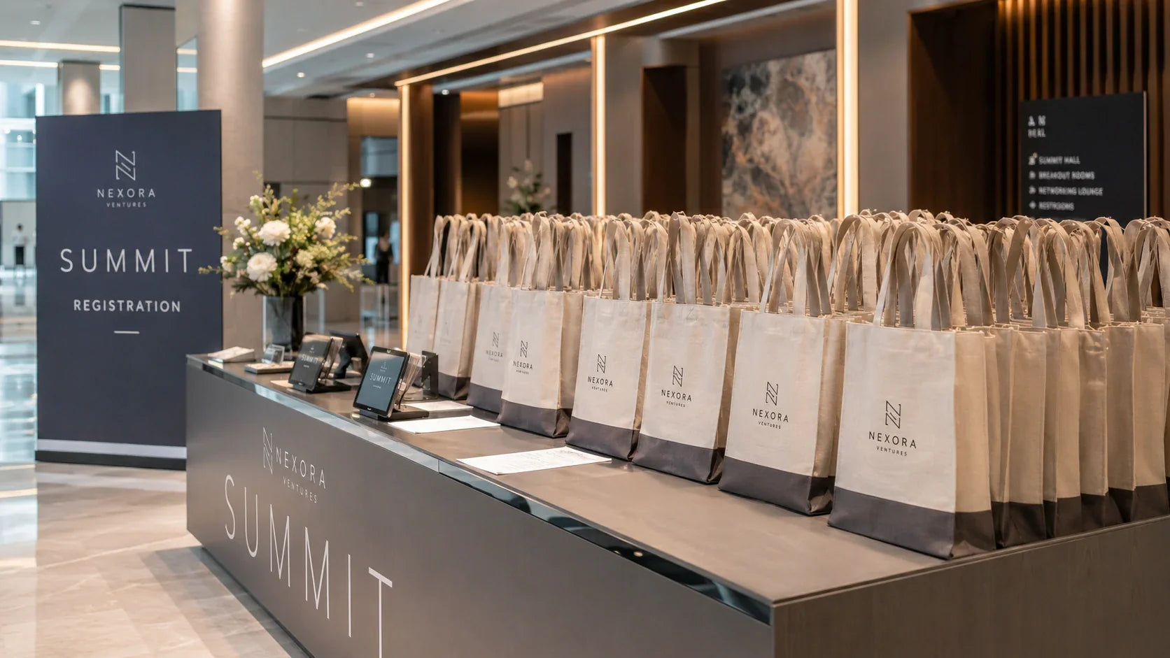 An ultra-modern 2026 industrial exhibition showcasing innovative custom printed recycled tote bags.