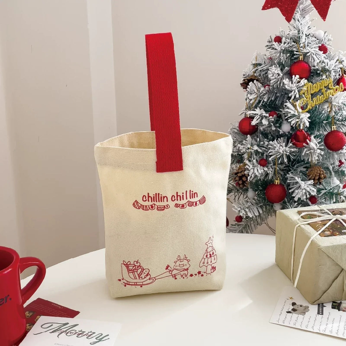 Beige Christmas Style 01 canvas treat gift bag staged for a market pre-pack trial