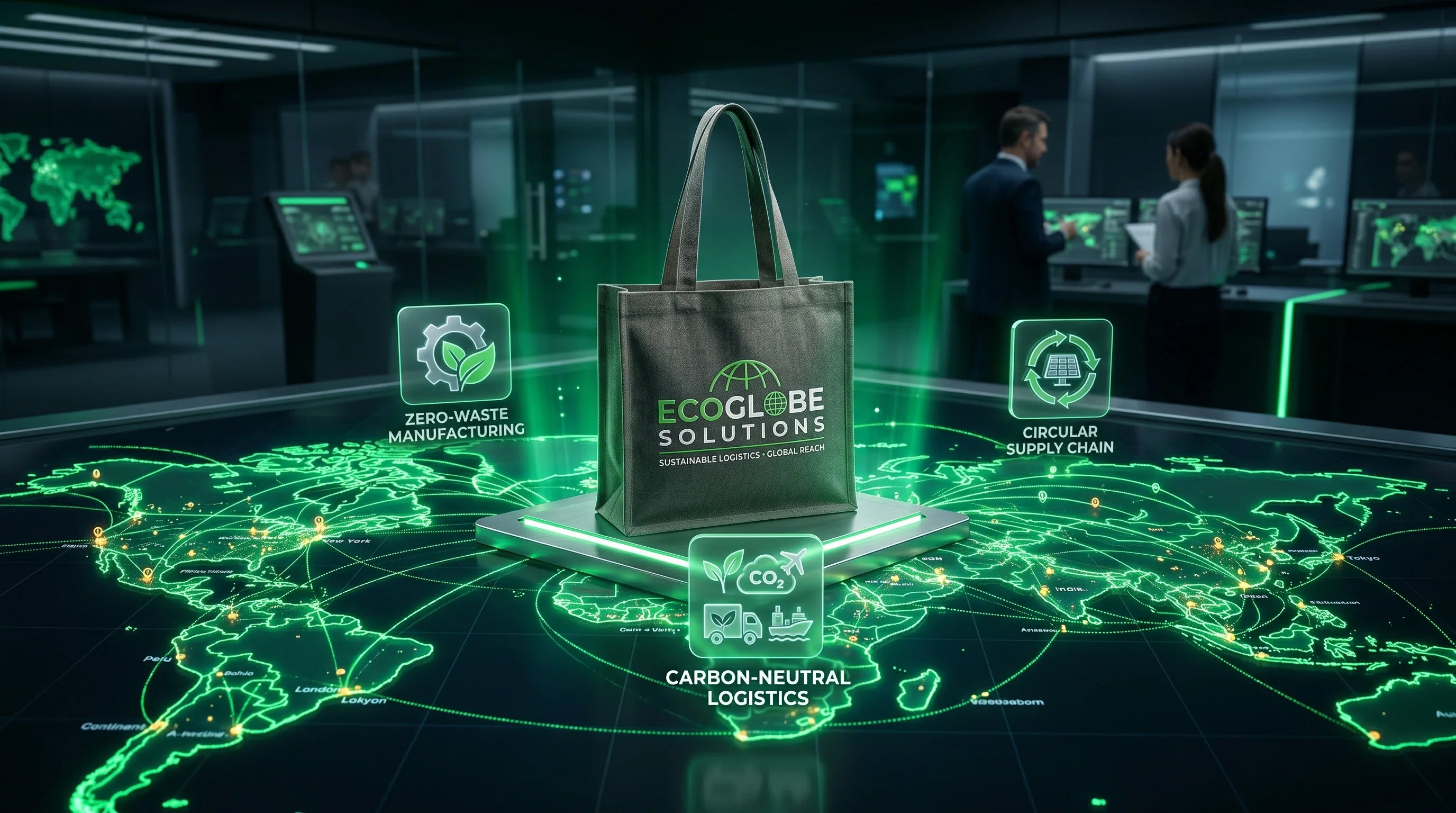 A conceptual high-tech vision of a global sustainable supply chain for custom tote bags.