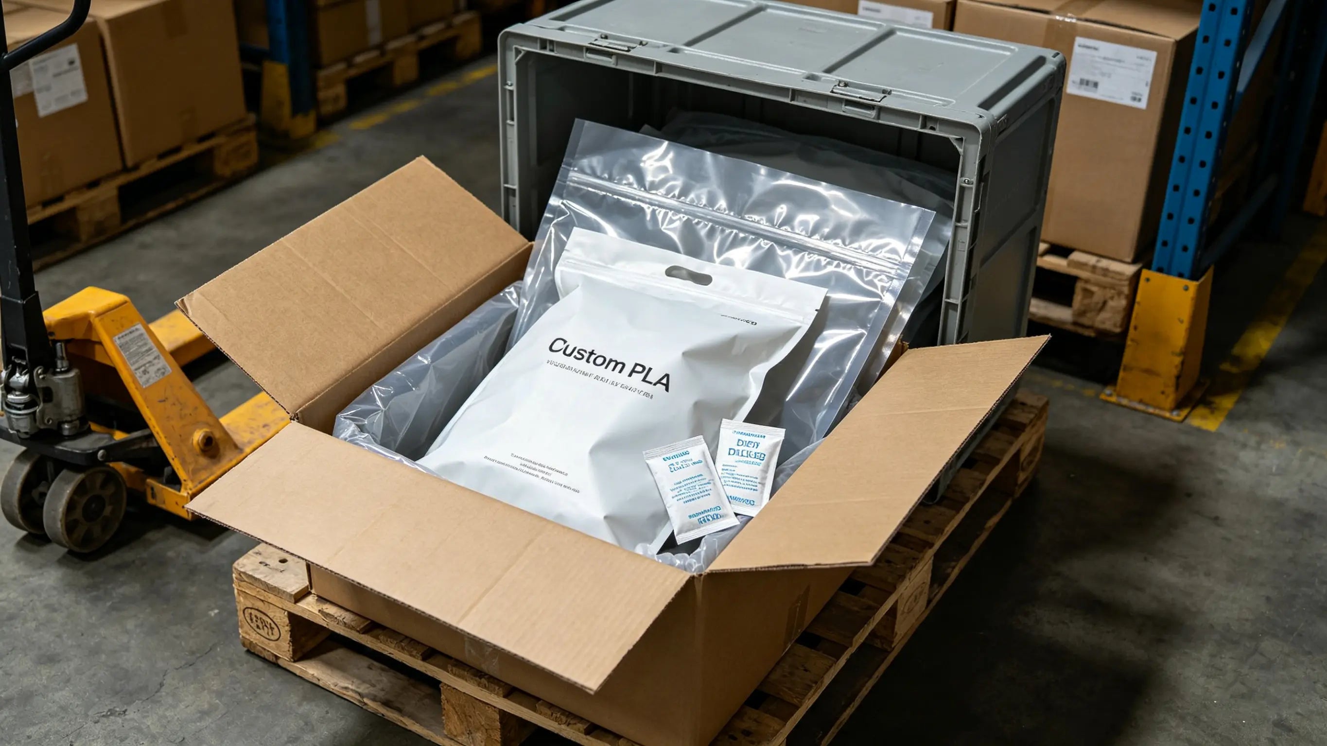 Modern climate-controlled warehouse with neatly stacked custom PLA bag cartons, temperature and humidity monitor displayed, maintaining a cool dry environment with minimalist industrial aesthetic