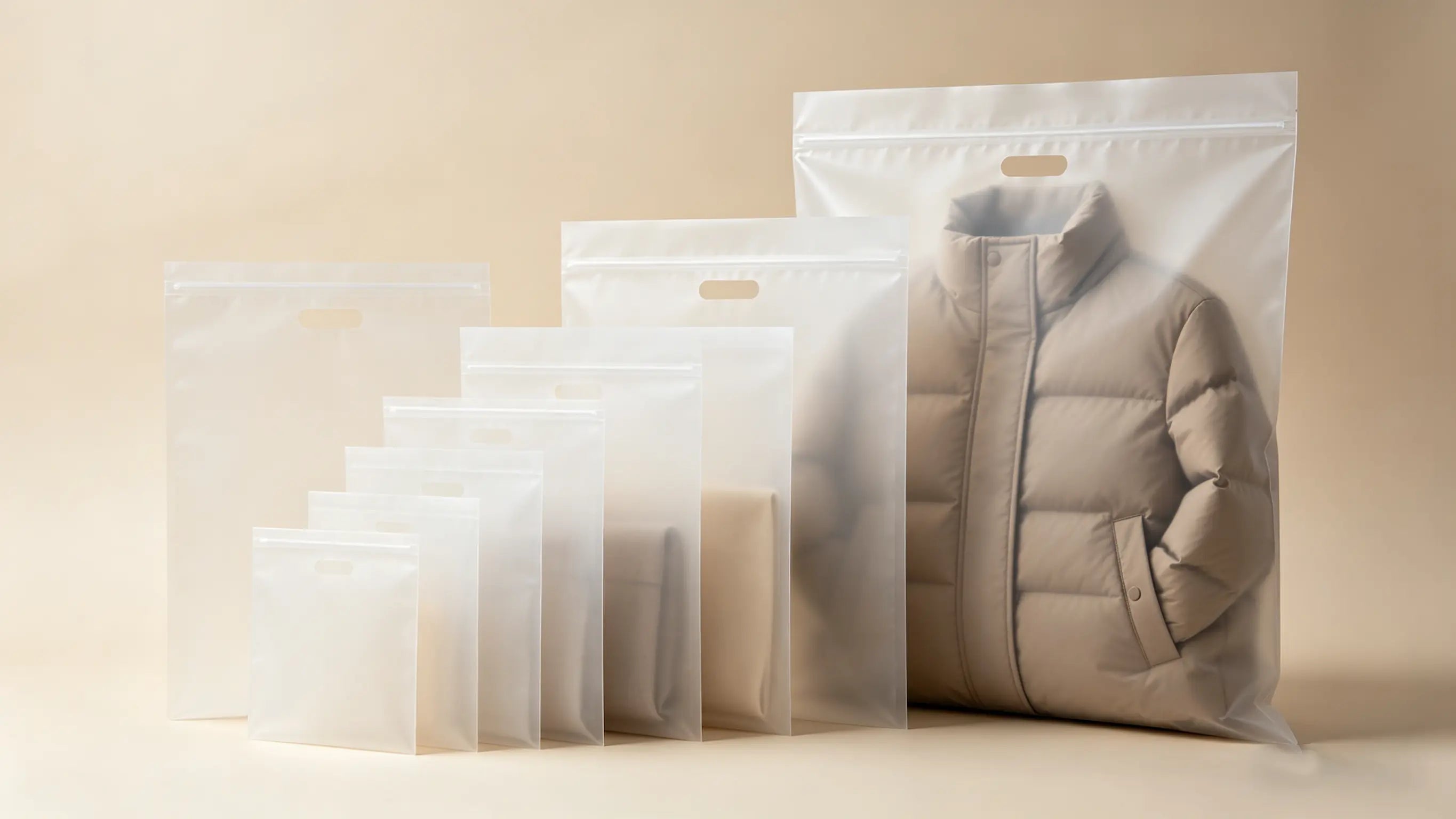 Close-up macro shot of a frosted PLA packaging bag with a brand logo printed using eco-friendly soy-based ink, highlighting subtle matte texture and luxury branding