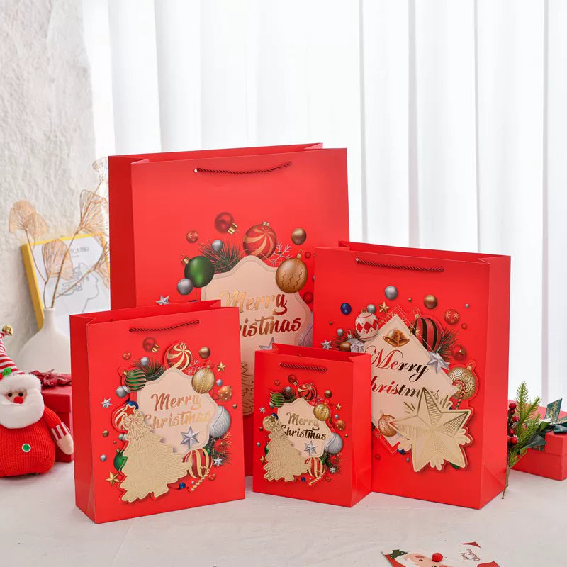 Four red Christmas paper gift bags shown as a host-gift size-allocation reference