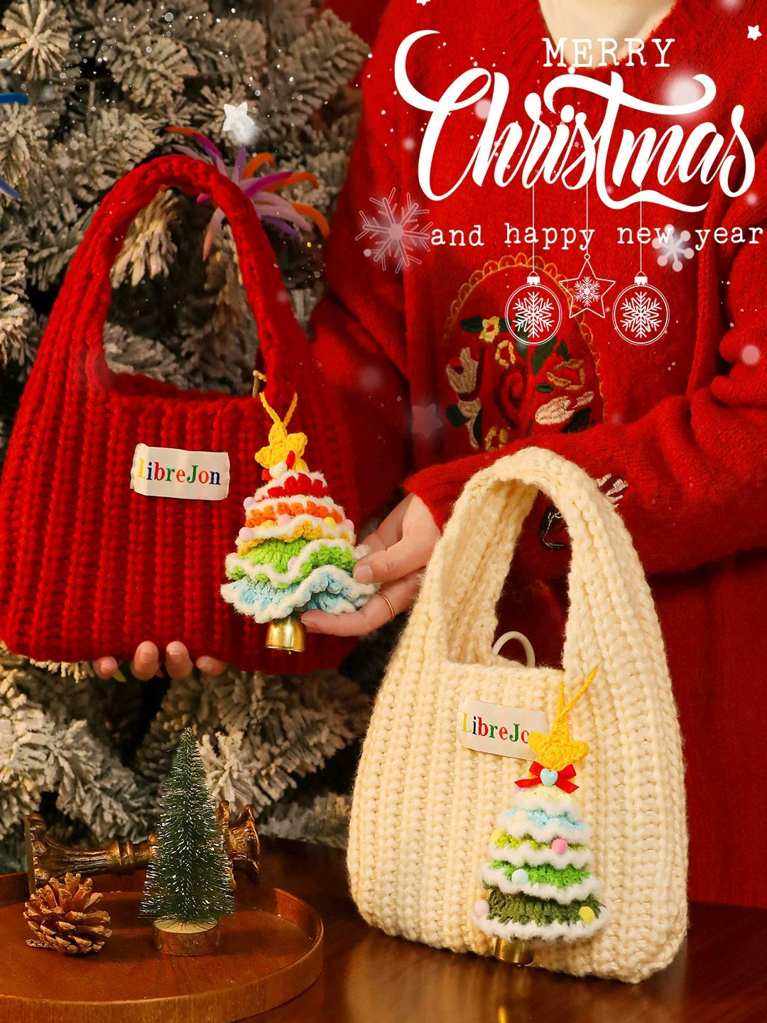 Red and cream hand-crocheted Christmas carry bags displayed with tree ornaments
