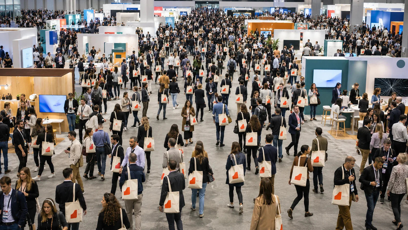 Thousands of attendees at a trade show carrying lightweight, affordable custom canvas tote bags.