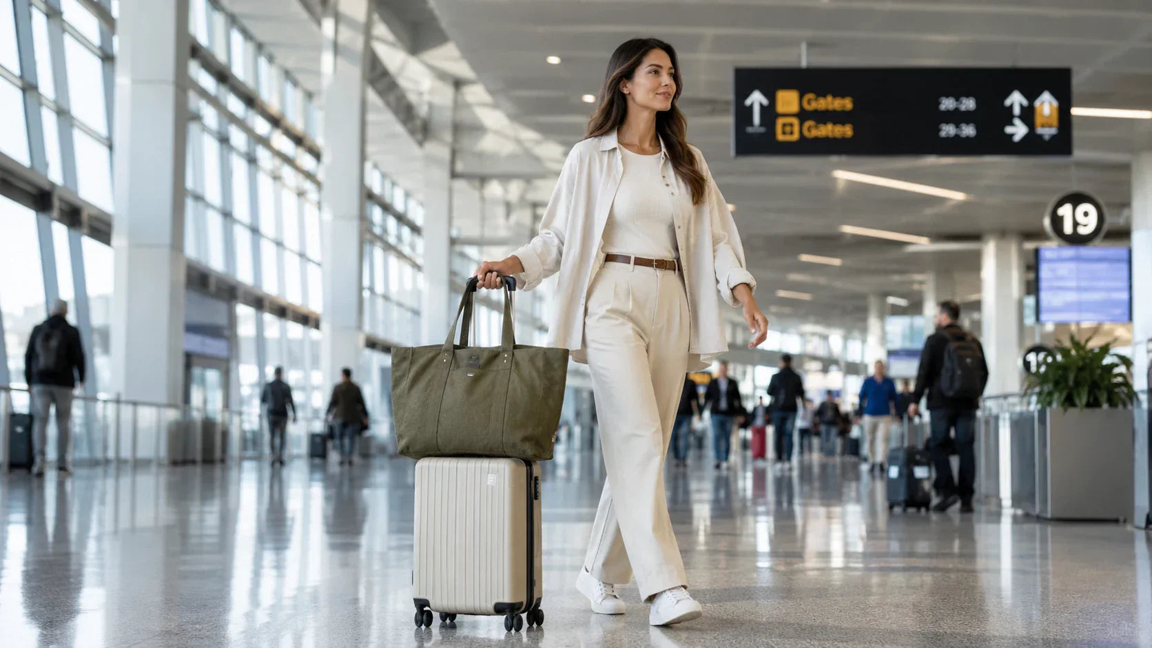 A stylish traveler walking through an airport with a large recycled tote bag resting on their luggage.