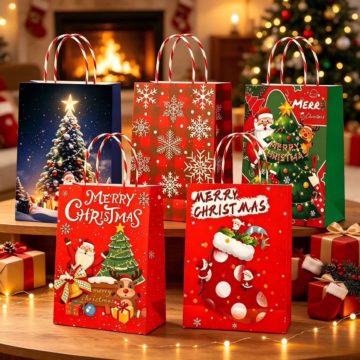Assorted numbered Christmas paper gift bag designs with rope handles