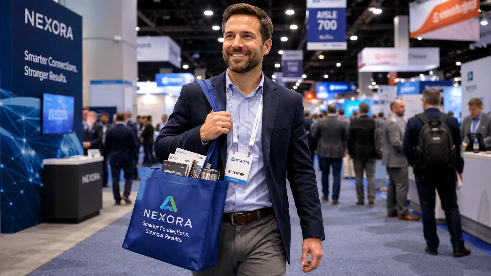 Corporate attendee carrying branded custom non woven tote bags at a busy trade show.
