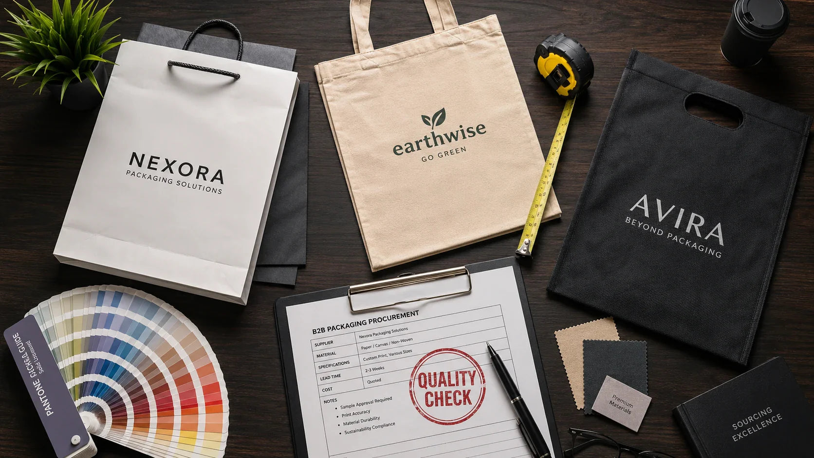A B2B buyer reviewing quality control standards for custom shopping bags on a modern office desk.