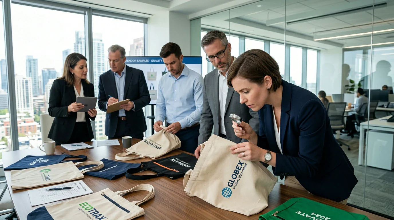 A professional B2B procurement team carefully inspecting samples of custom canvas tote bags in a corporate office to avoid bulk ordering mistakes.