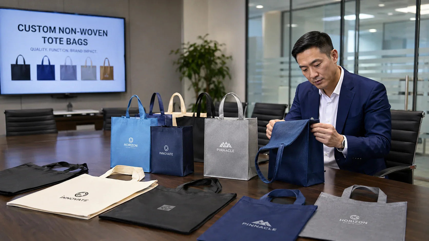 B2B purchasing manager choosing from different custom non woven tote bags in an office.