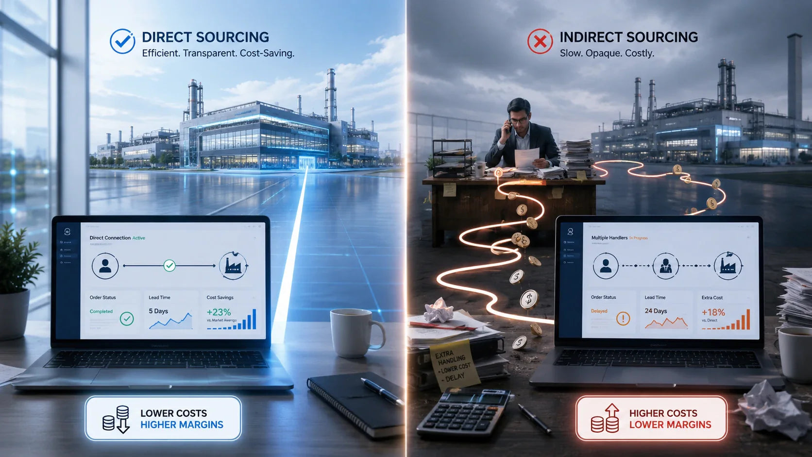 A split graphic showing a direct connection between a B2B buyer and a factory versus a tangled line through a middleman trading company.