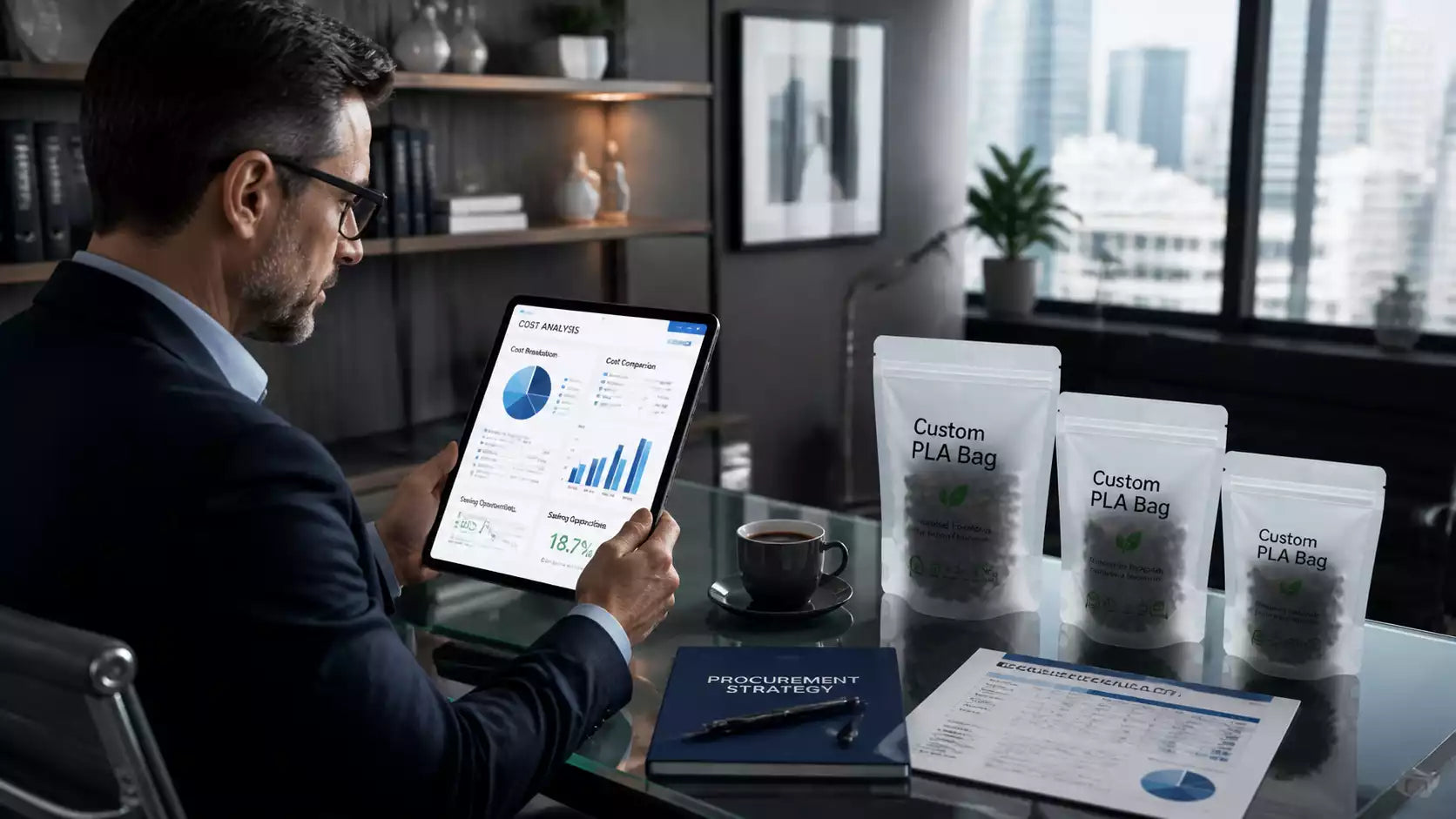 A B2B procurement manager reviewing wholesale packaging costs on a digital tablet.