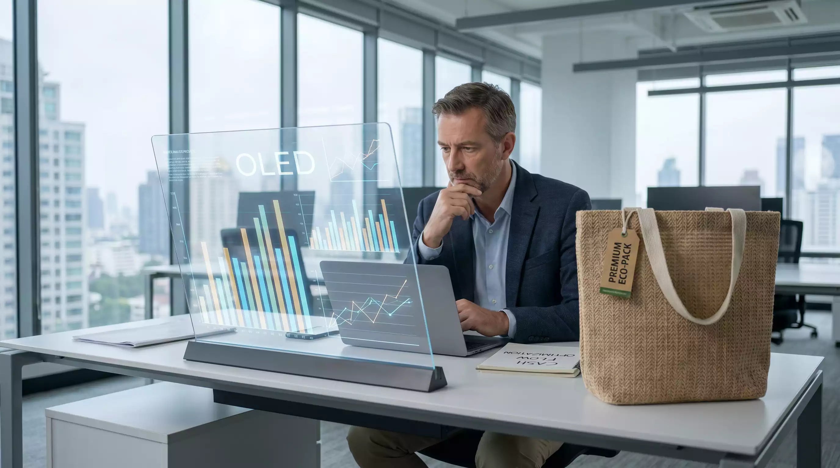 A B2B procurement manager analyzing inventory data for sustainable packaging.