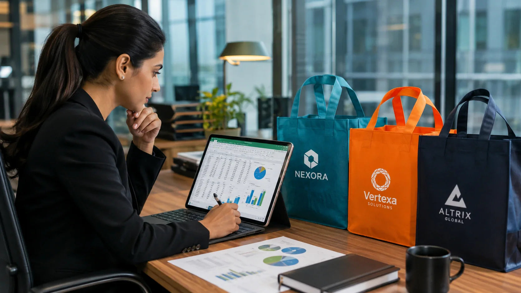 Procurement manager optimizing the budget for bulk custom non woven tote bags.