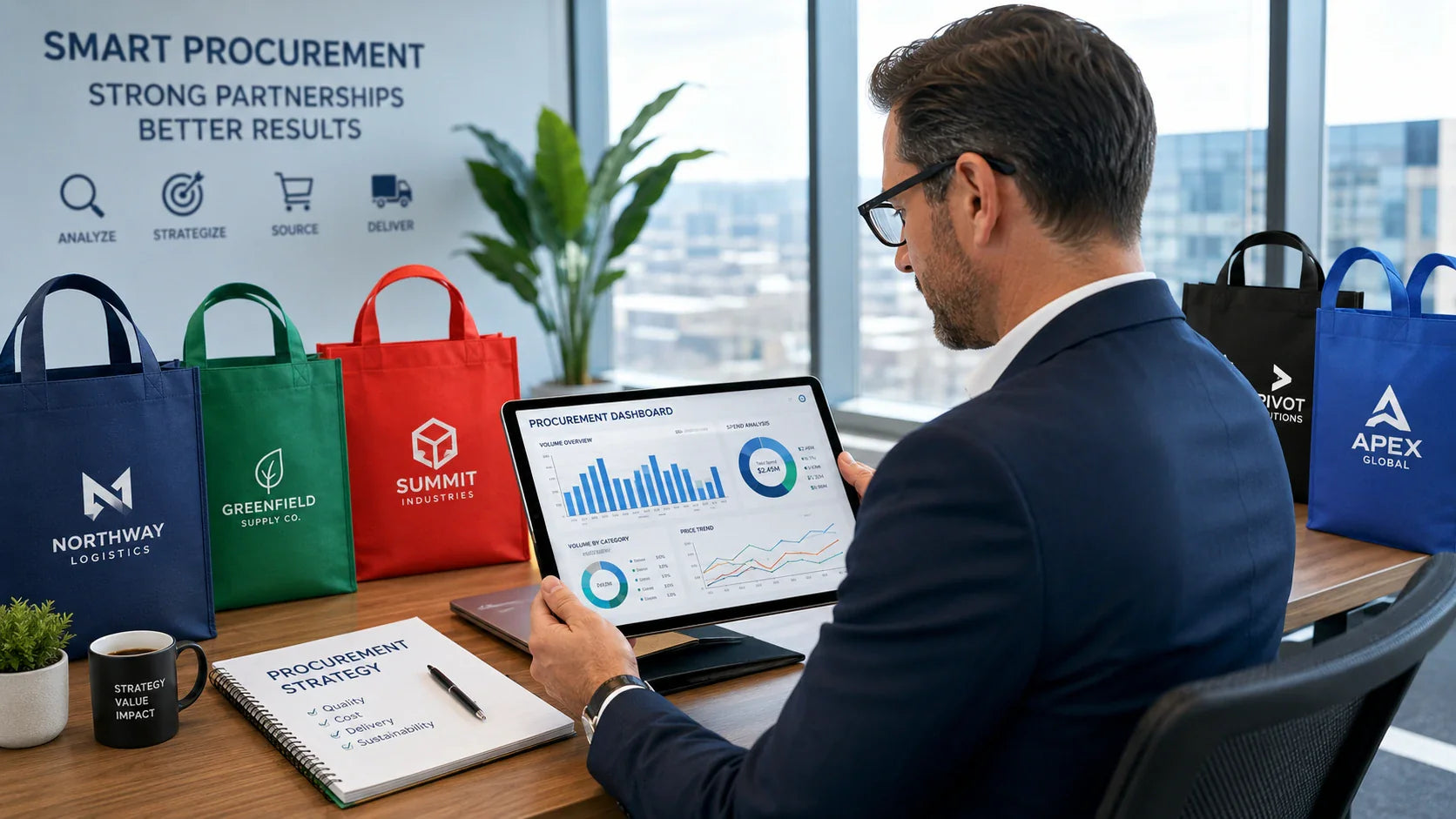 B2B procurement manager analyzing MOQ and pricing for custom non woven tote bags.