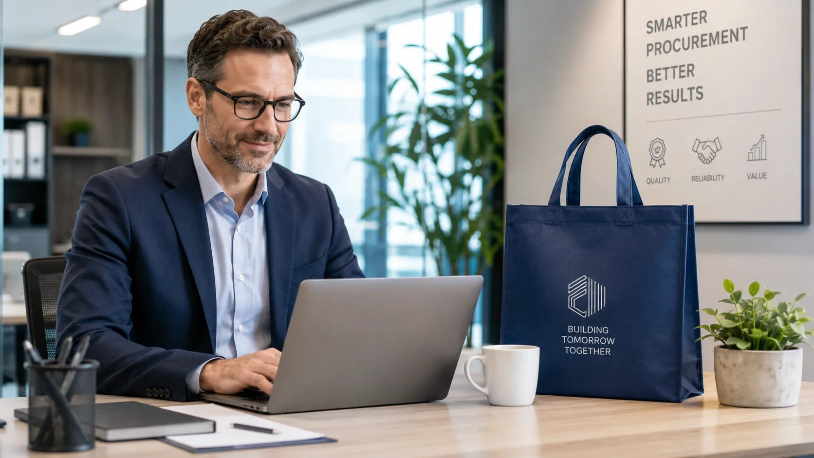 Procurement manager streamlining the online ordering process for custom non woven tote bags.