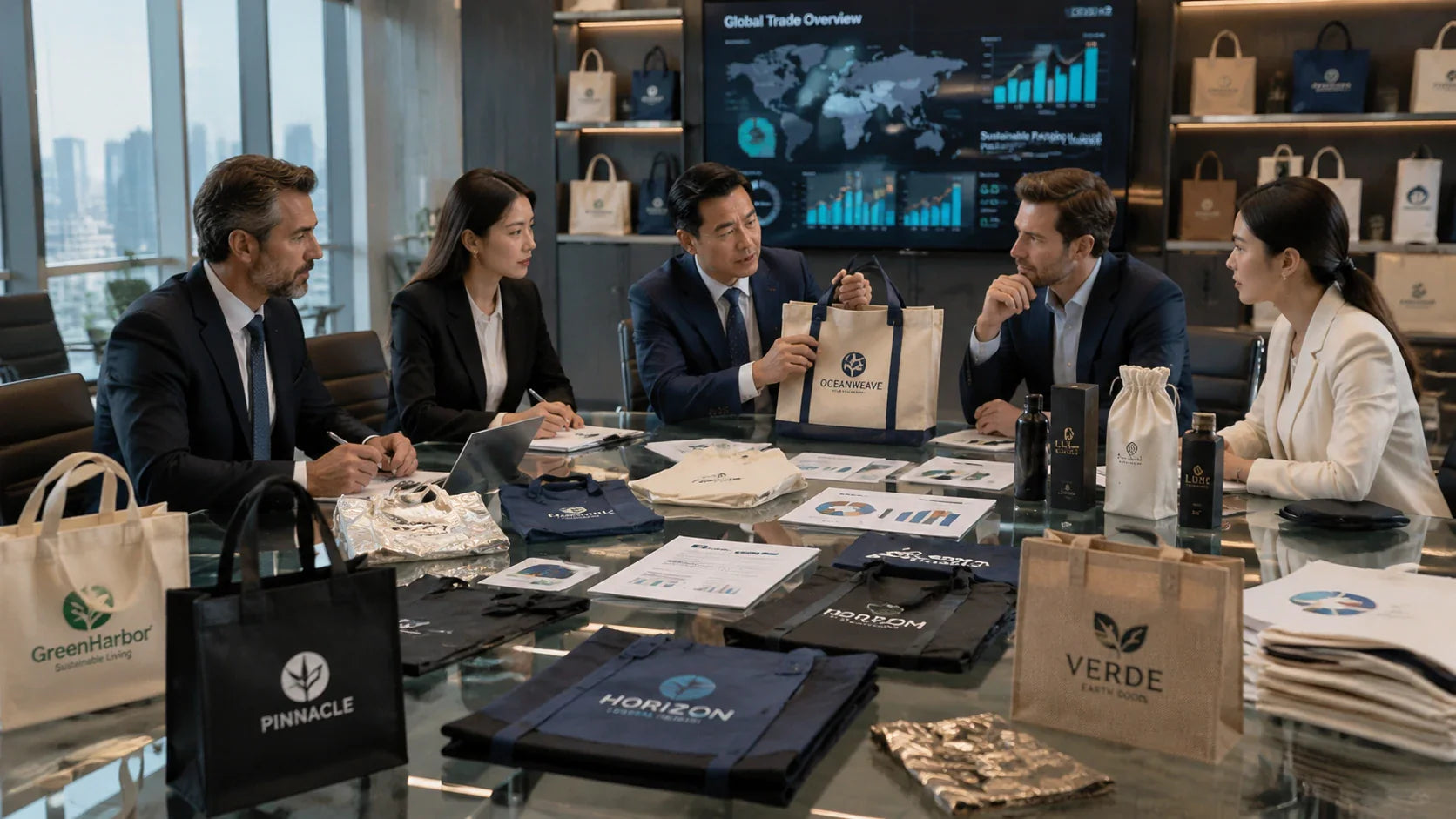 B2B procurement managers discussing wholesale custom reusable bags samples in a modern corporate boardroom.