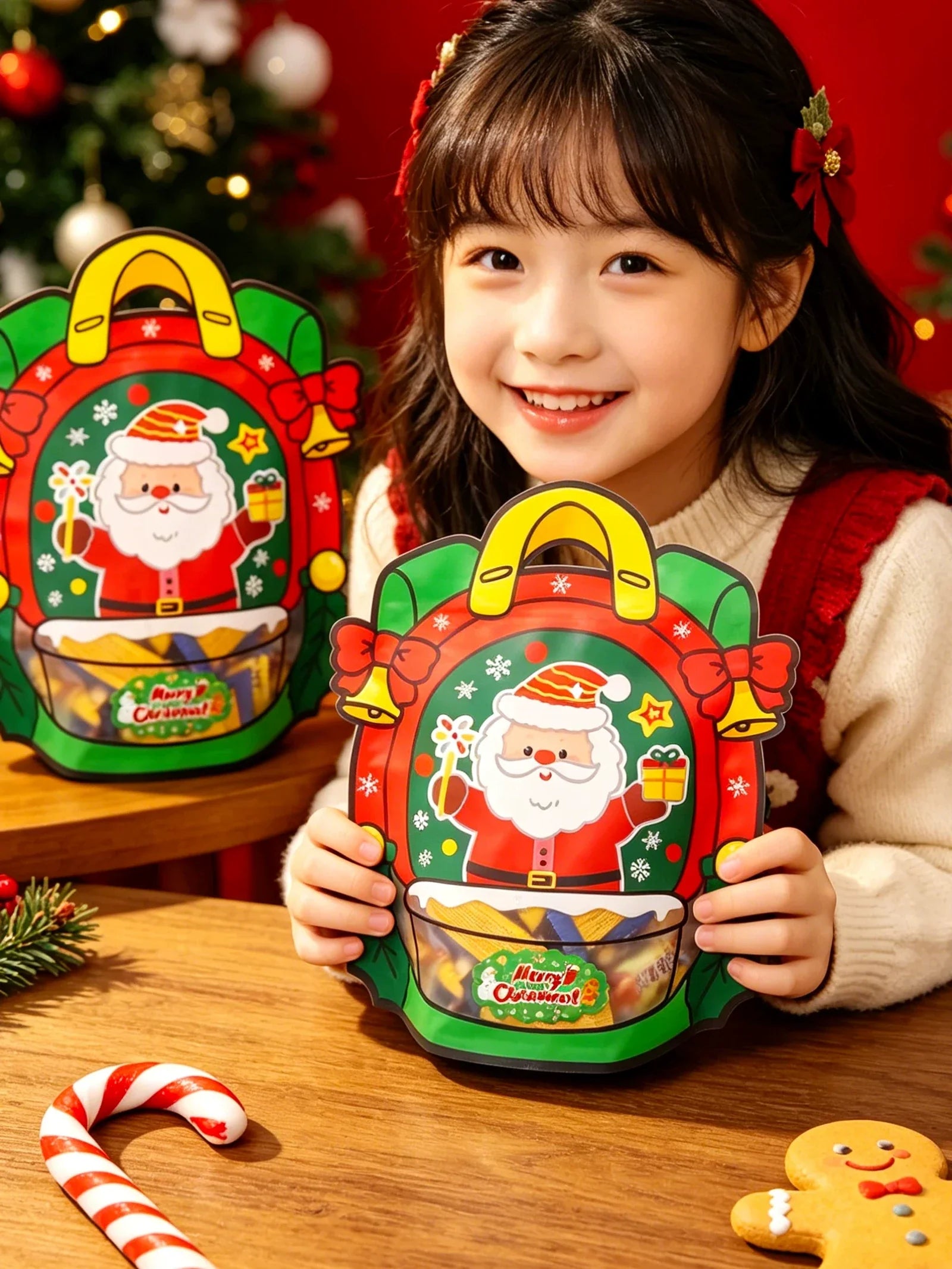 Clear-window backpack-shaped Christmas treat bags considered for a holiday gift exchange game