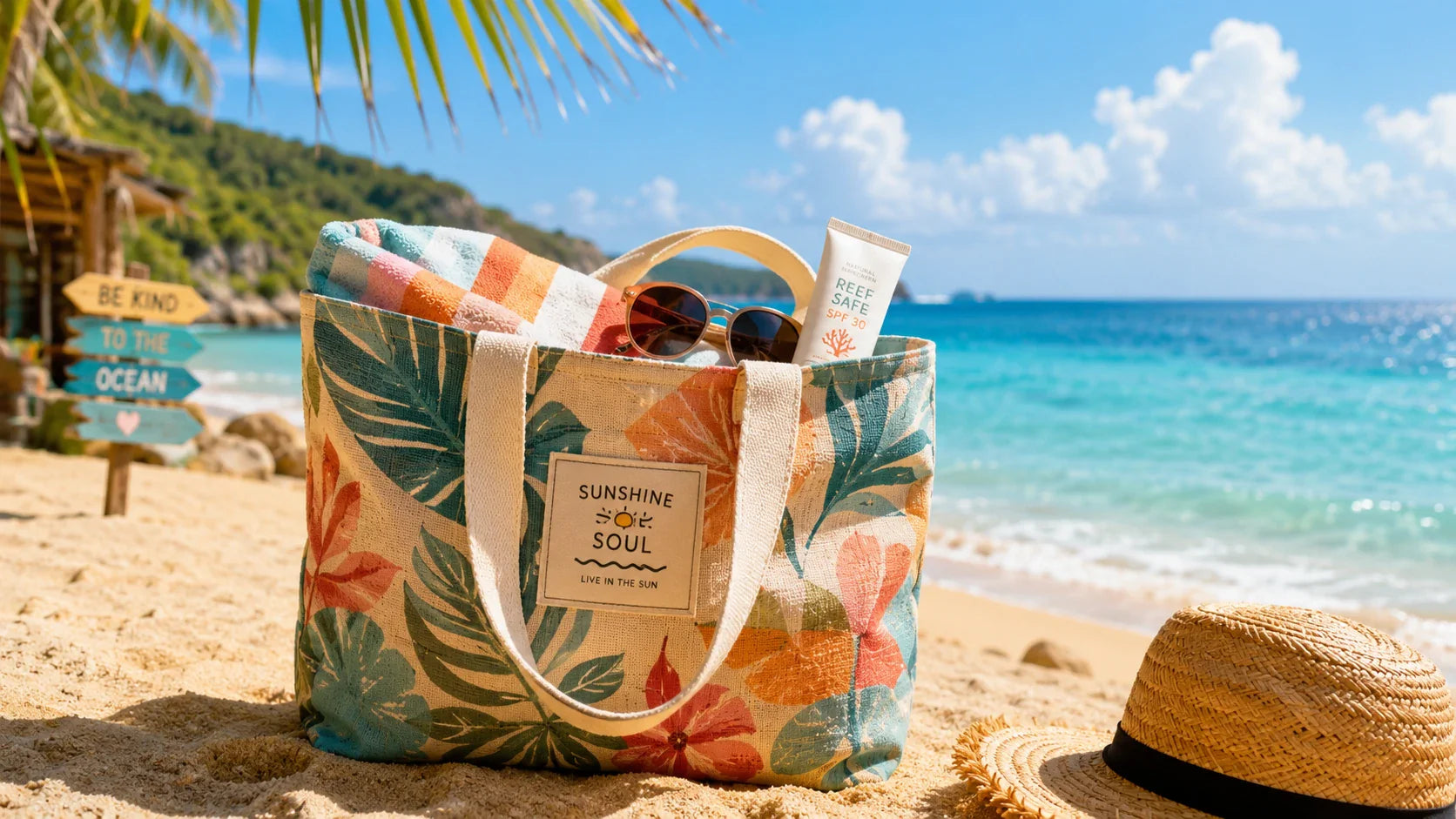 A vibrant custom printed recycled tote bag packed with summer essentials on a sunny beach.