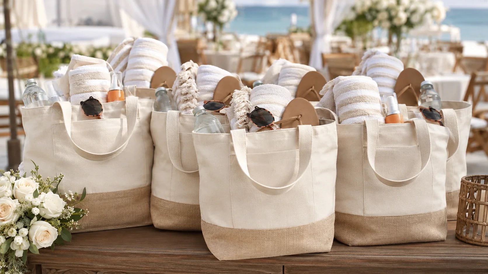 personalized beach bags for bridesmaids arranged for a summer destination wedding