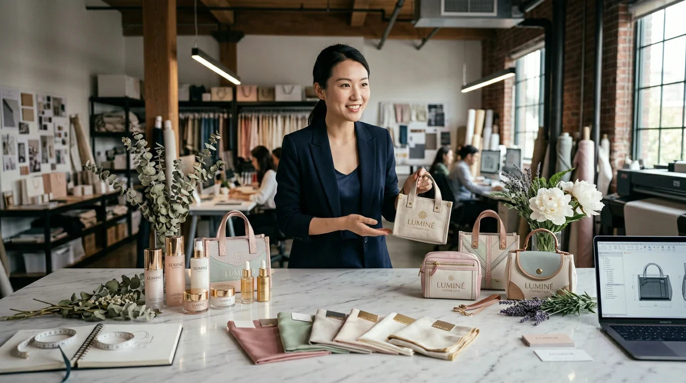 A Chinese packaging designer at Tote Bag Factory presenting Eco-Chic custom reusable bags for a cosmetics brand.