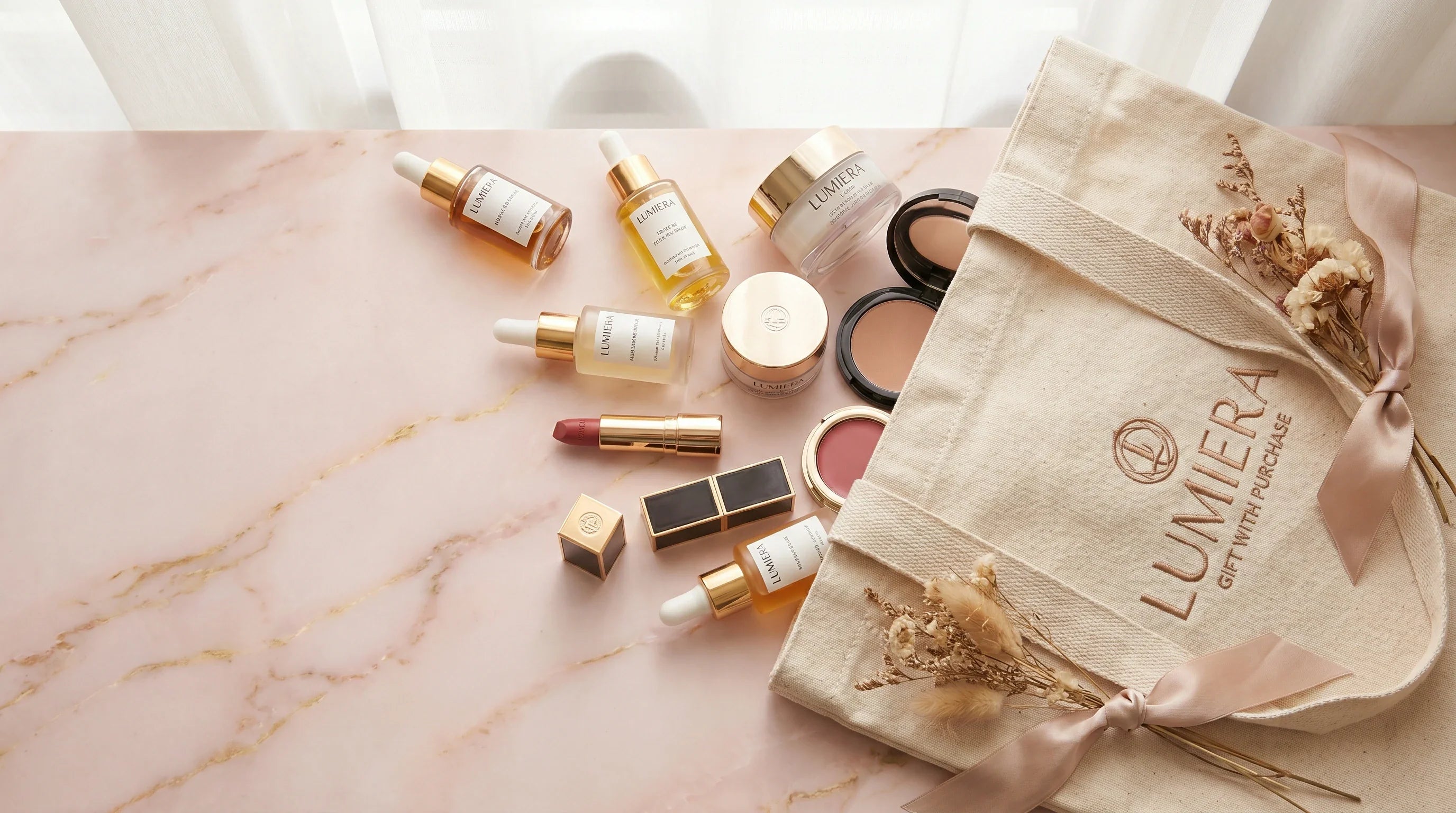 High-end skincare products displayed elegantly next to a premium custom tote bag used for a GWP campaign.