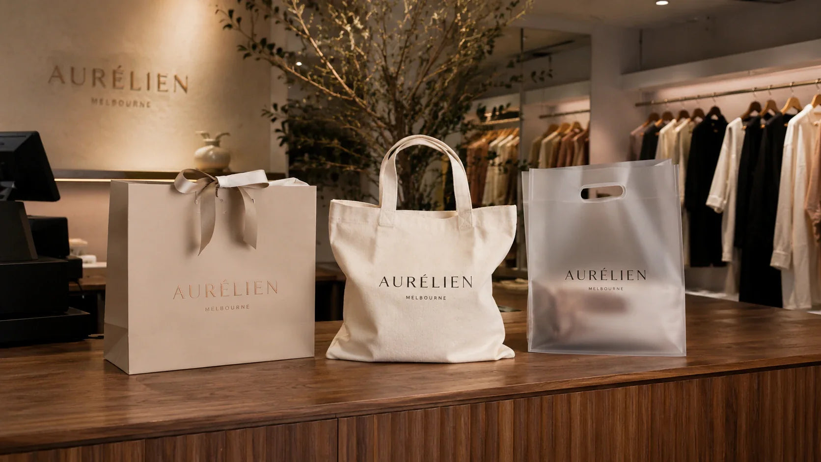 A beautifully arranged display of premium custom shopping bags on the checkout counter of a chic, independent fashion boutique.
