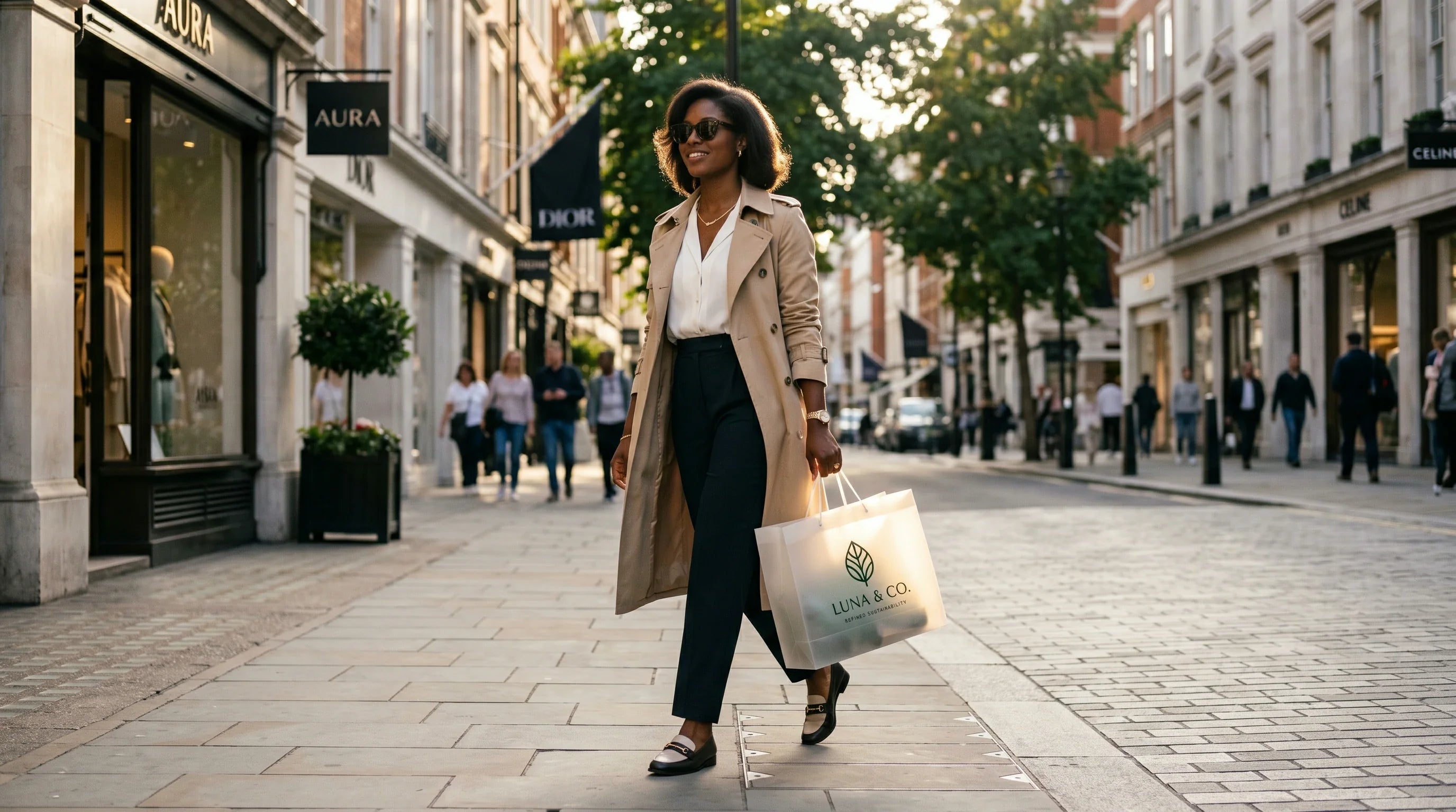 A stylish customer walking down a city street carrying a premium, biodegradable custom shopping bag, boosting brand image.