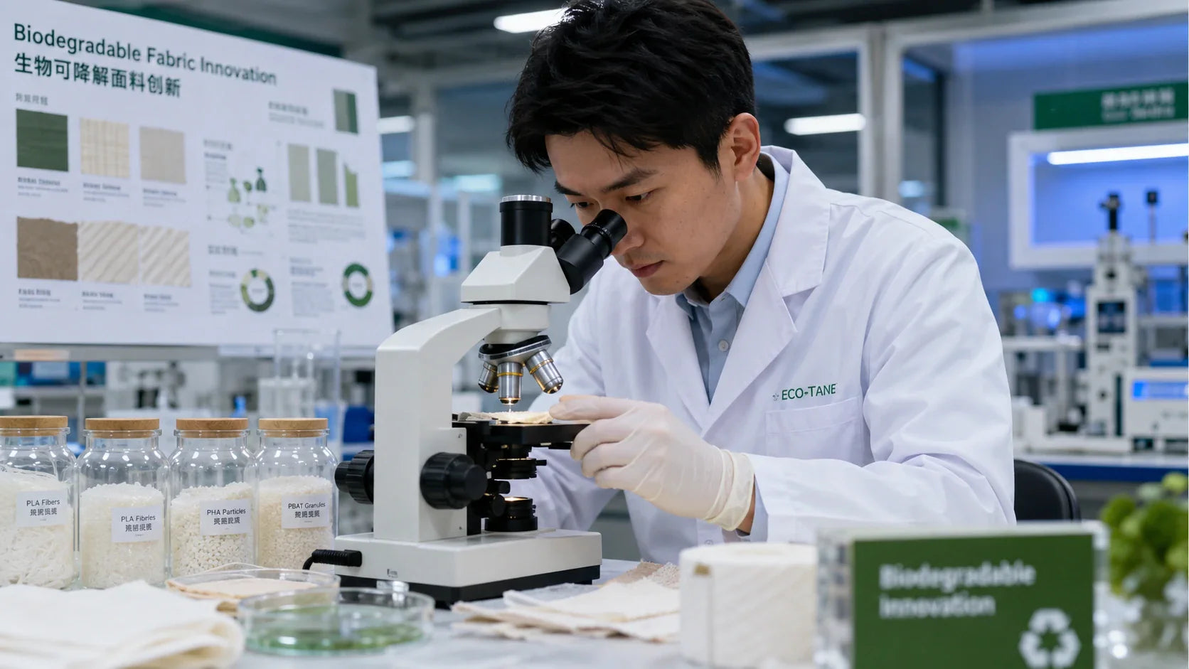 A Chinese material scientist at Tote Bag Factory analyzing the biodegradability of custom eco friendly shopping bags.