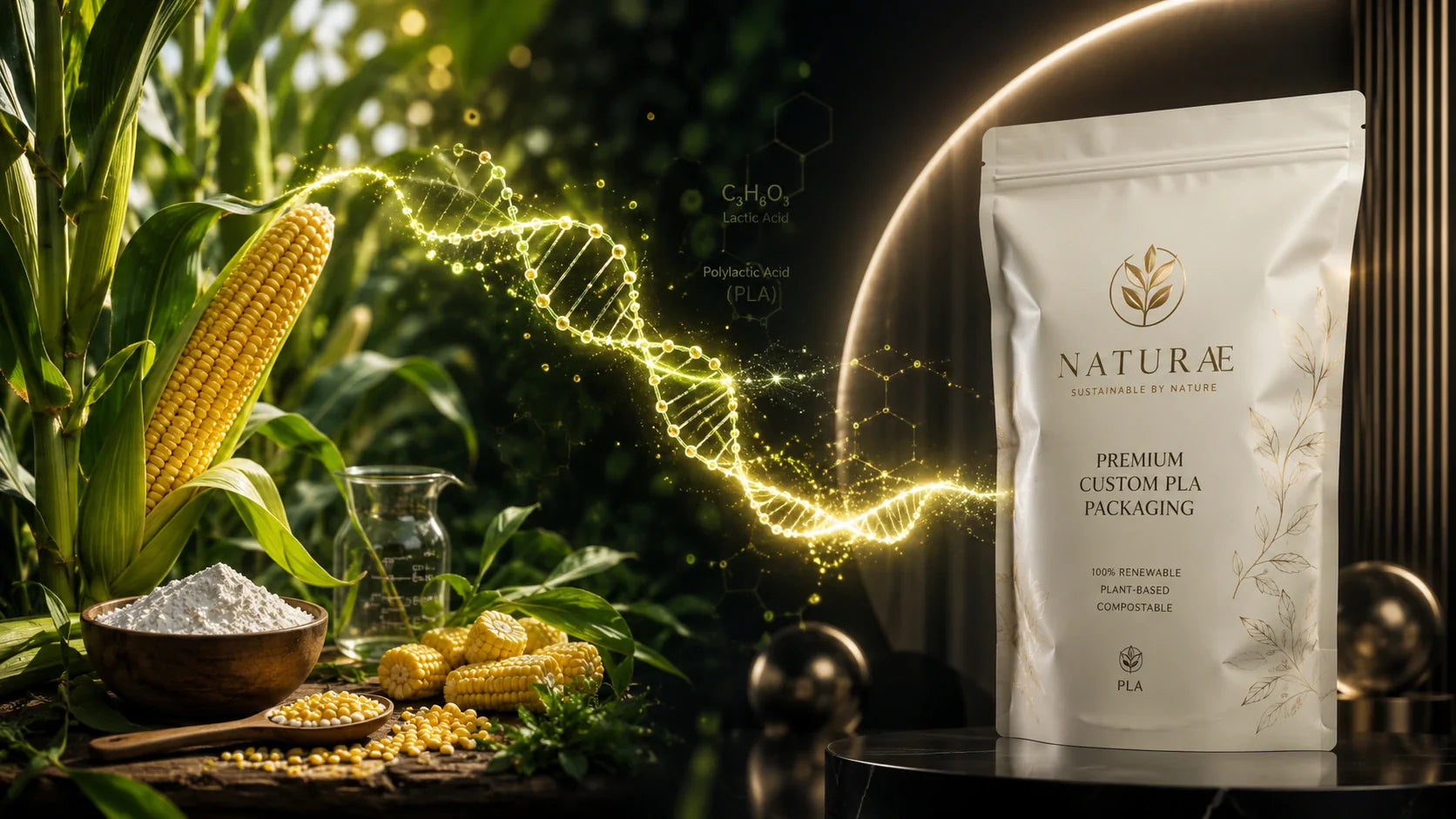 A conceptual image showing the biological transformation of plant starches into a premium custom PLA bag.