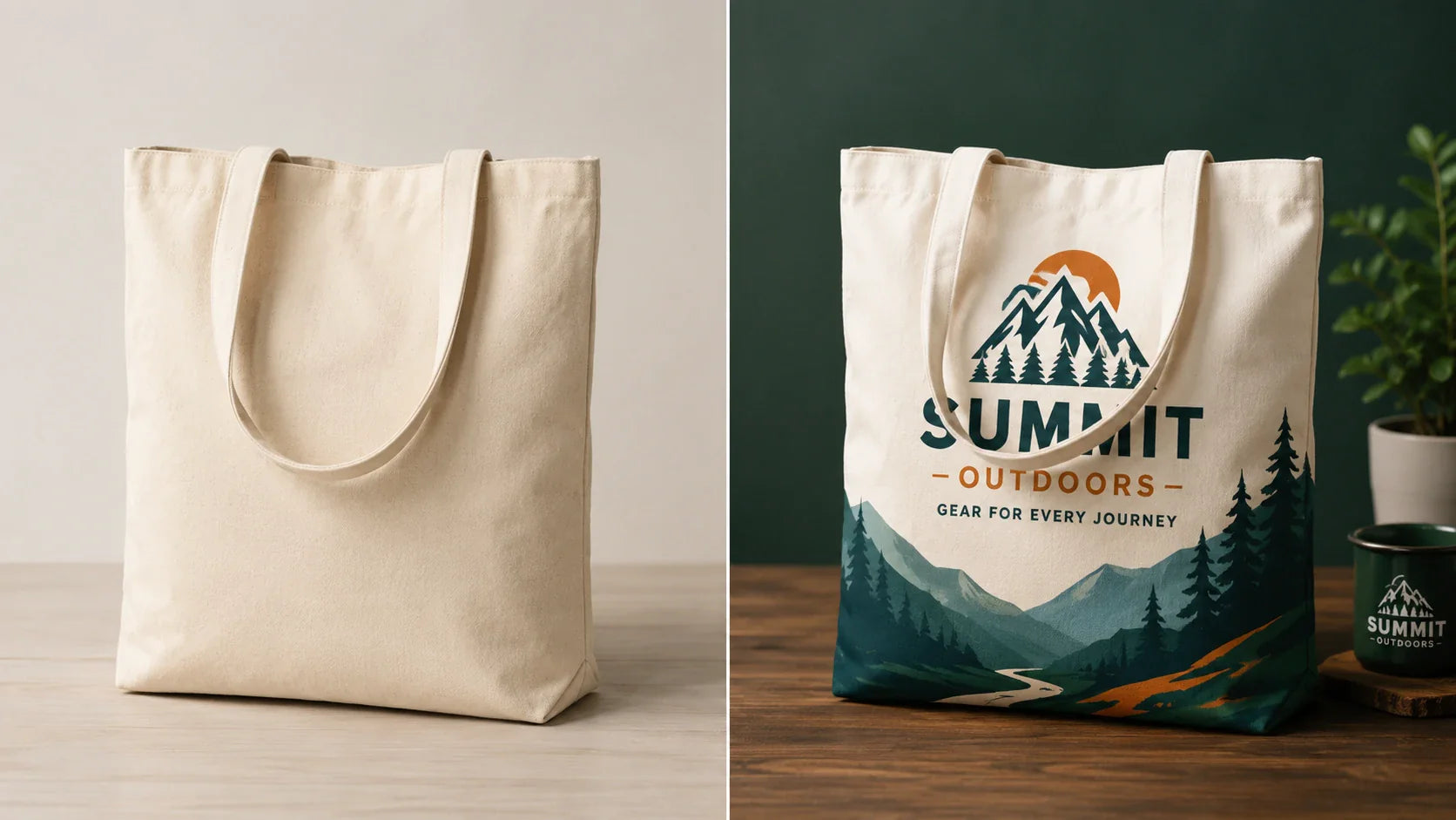 Visual comparison of blank canvas bags versus custom printed tote bags