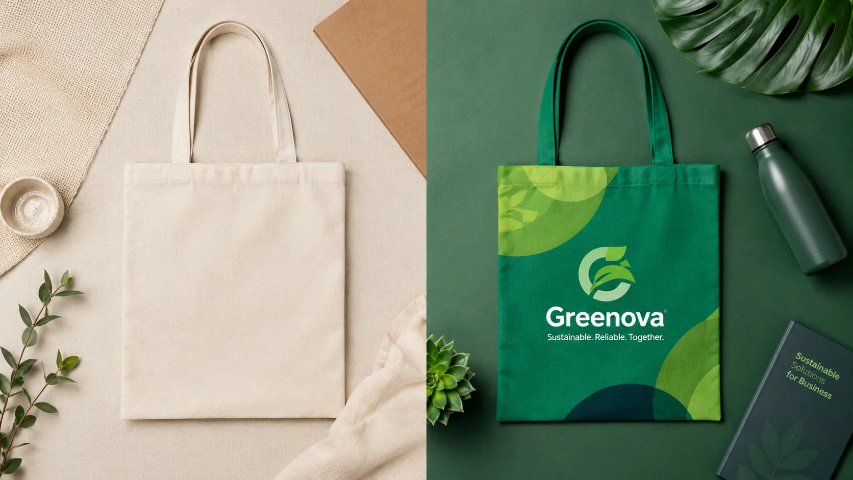A visual comparison between a minimalist blank recycled tote bag and a vibrant custom printed recycled tote bag.