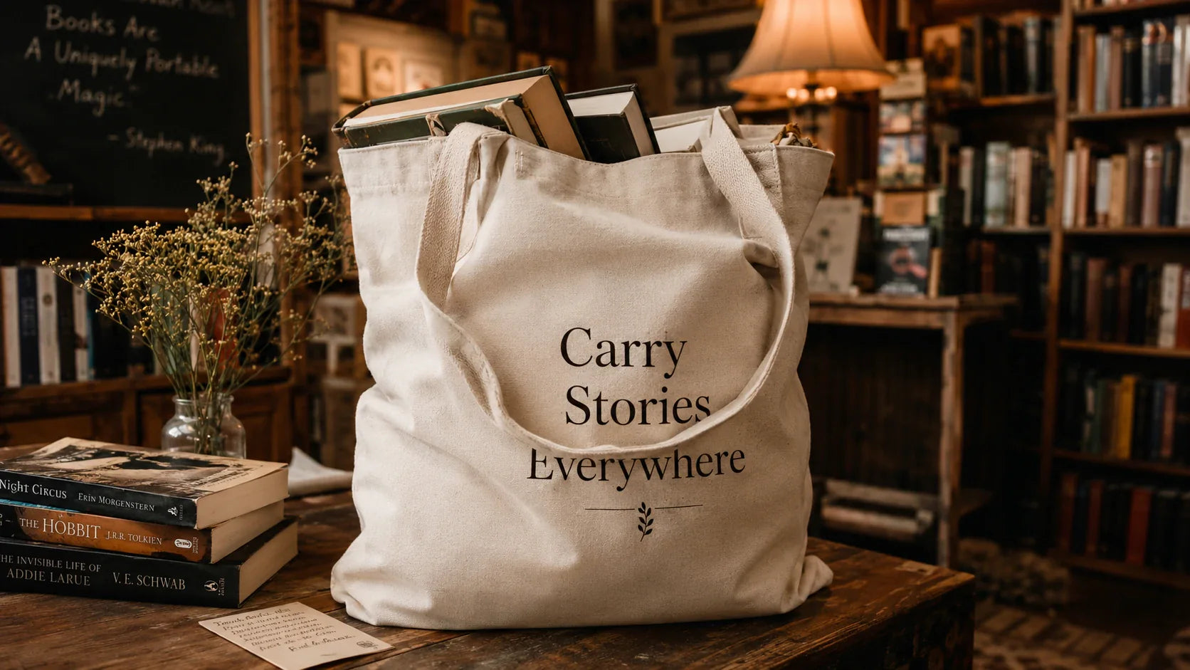 A classic literary aesthetic featuring heavy books carried in premium custom tote bags at an independent bookstore.