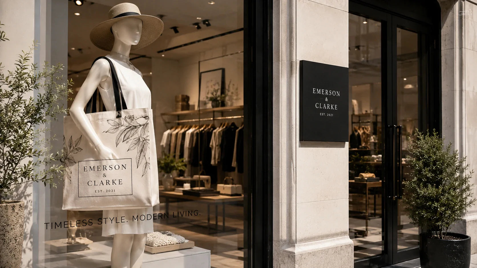 Stylish custom printed tote bags displayed in a high-end clothing boutique
