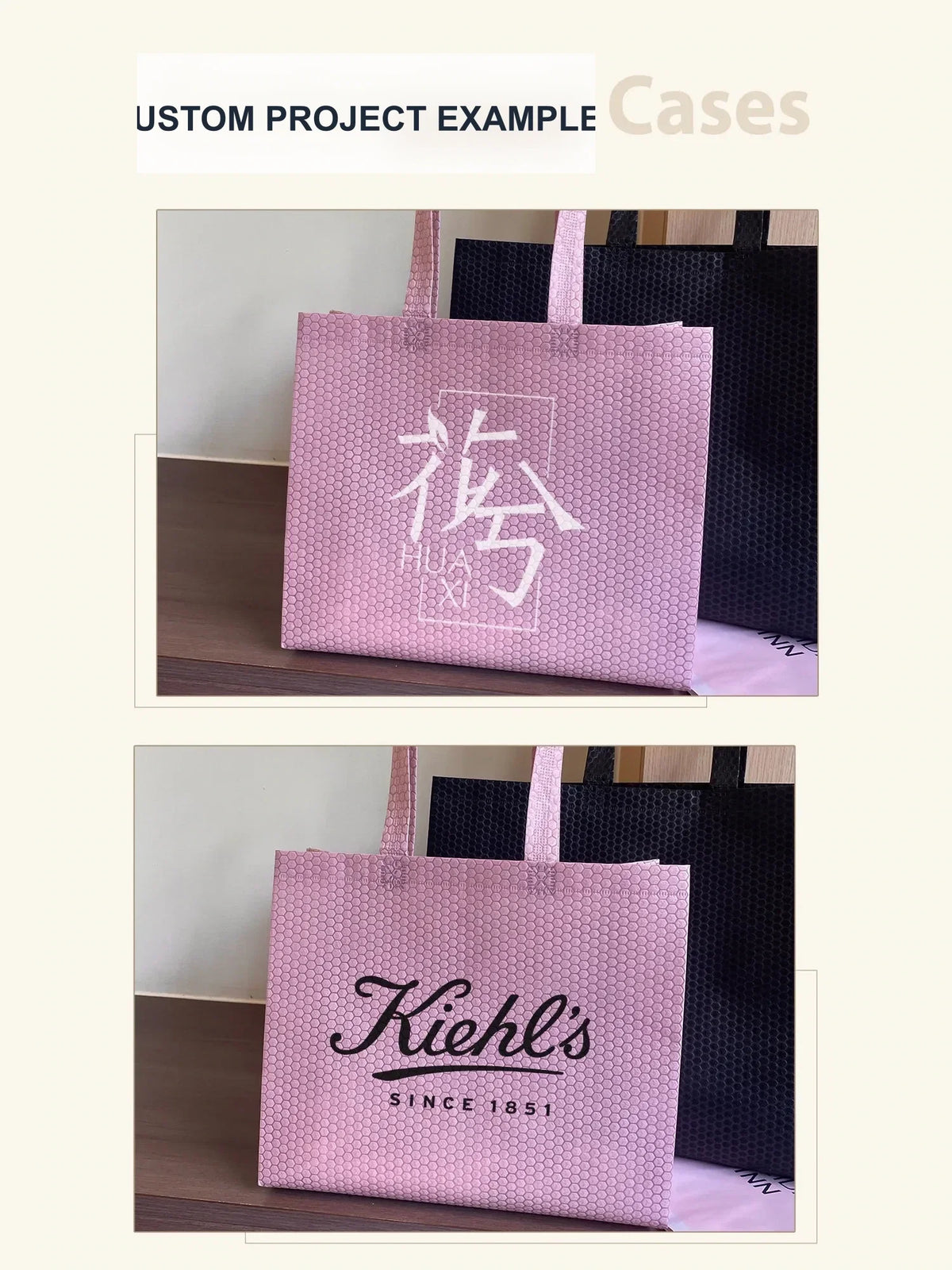Pink-purple and black non-woven tote bags shown with two custom logo examples