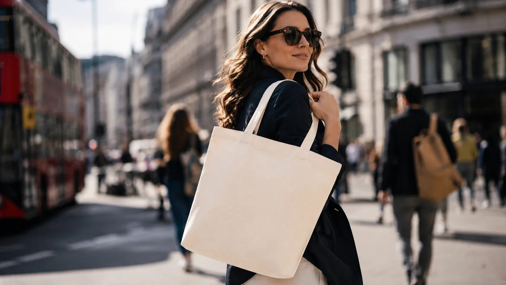 Urban professional carrying a premium Tote Bags Custom Logo during a city brand awareness campaign.